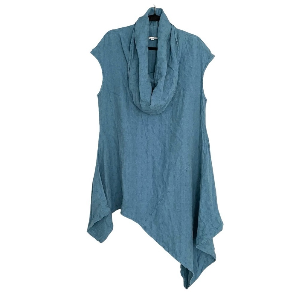 BRYN WALKER Blue Linen Sleeveless Asymmetrical Cowl Neck Tunic Large